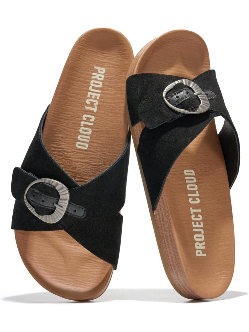 Women's Black Suede Comfort Genuine Adjustable Buckle Slides Plush Sandal Shoes